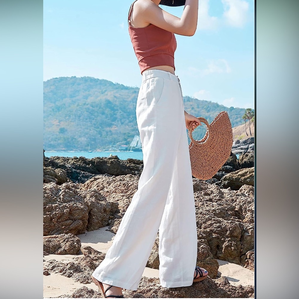 NWT Casual High Waisted Wide Leg Pants Button Up Straight Leg Trousers SZ M